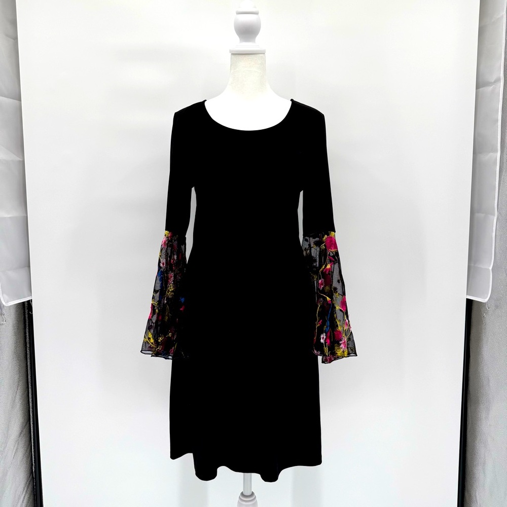 Vintage‎ Y2K Little Black Dress Bell Sleeve Floral Embroidery Whimsigoth Small